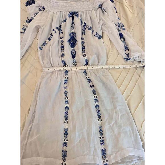 Parker Casual Off-Shoulder Mini Dress w/ White & Blue Geometric Beading - Picture 4 of 6